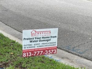 Castillo's Gutters & Aluminum sign put on customer's property after a new seamless aluminum gutter installation