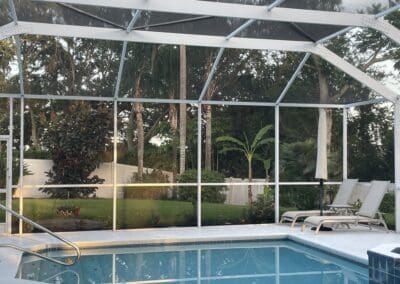 revitalized pool enclosure, where it was re-screened, rusty screws & old hardware replaced. door kits installed and the aluminum enclosure was thoroughly cleaned.